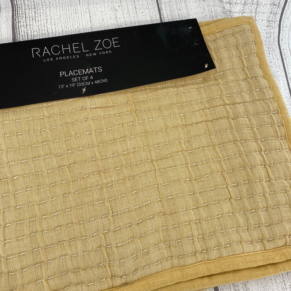 Rachel Zoe Placemats (Set of 4) Yellow Mustard Stitched Boho Home Decor Earthy